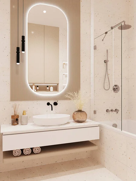 Espelho Banheiro Bonito Com Lâmpada Pendurada — Fotografia de Stock