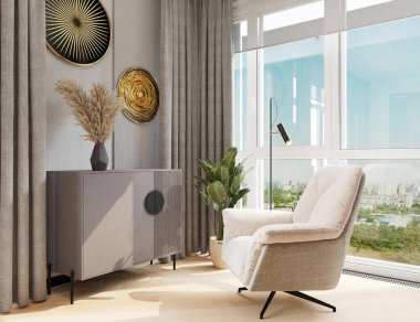 Pencerenin yanında modern beyaz bir koltuk duruyor ve yanında gri bir dolap var.