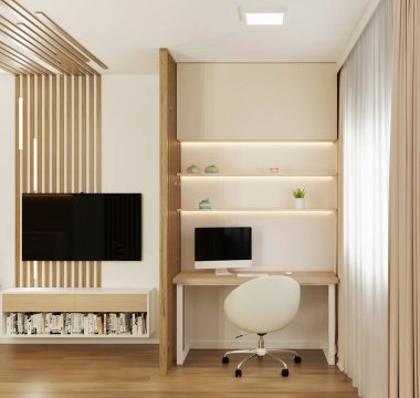 Balkonda bir bölmesi ve Apple bilgisayarı olan çalışma alanı.