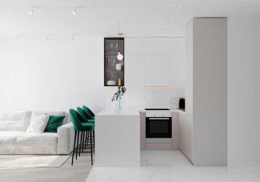 İskandinav tarzı yatak odasındaki gri kanepe mutfakla birleşti.