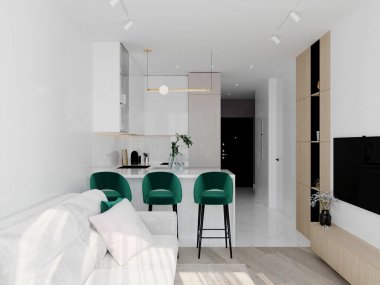 Barın yanındaki mutfakta turkuaz sandalyeler.