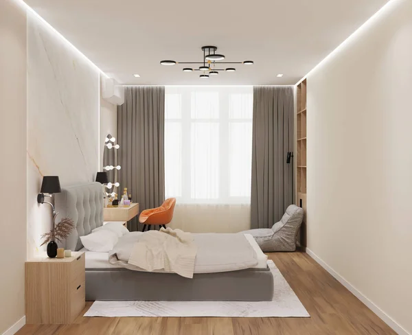 Graues Bett Schlafzimmer Schönem Interieur Mit Schwarzen Kronleuchtern — Stockfoto