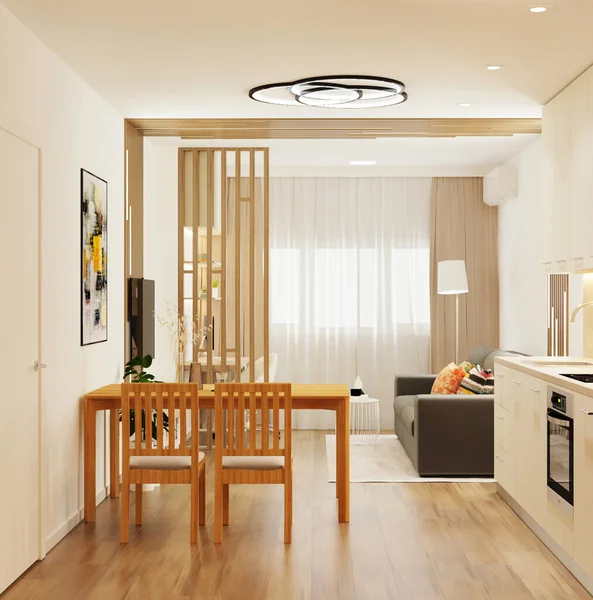 Getrennter Raum Mit Trennwänden Zwischen Küche Und Büro — Stockfoto