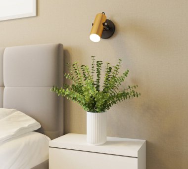 Gri gardırobu olan güzel bej yatak odası.