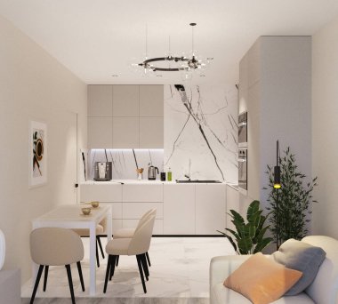 Mermer, dolap ve masalı gri mutfak.