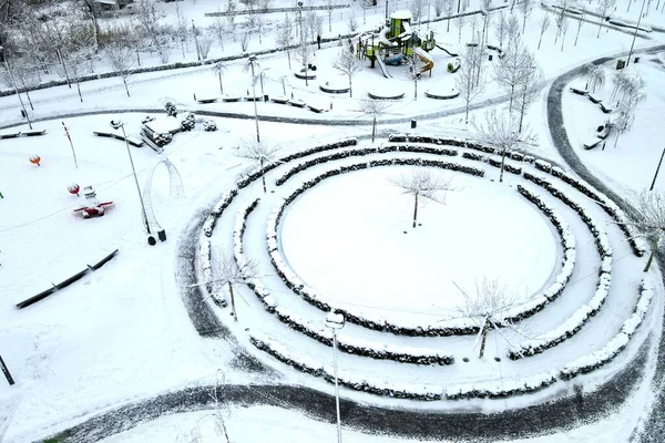 Winter Snow Park Landschaft Hintergrund Winterstraße Luftaufnahme Aus Der Drohne — Stockfoto