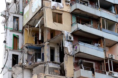 Russian missile strike on apartment building in Dnipro, Ukraine. Rocket destroyed house. Russia war invasion in Ukraine, Dnepr