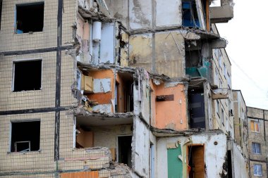 Russian missile strike on apartment building in Dnipro, Ukraine. Rocket destroyed house. Russia war invasion in Ukraine, Dnepr