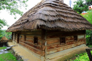 Old wooden house under thatched roof in Ukraine. Traditional rural residential Ukrainian house. Uzhgorod Ukraine