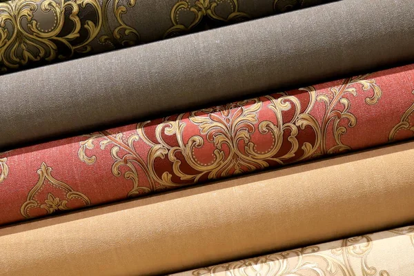 Colorful rolls of wallpaper as background, Close up wall paper, vinyl and paper, Decorative materials for renovation of room, interior