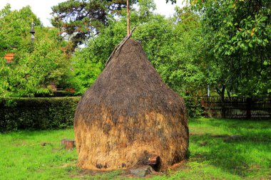 Tarım çiftliğinde saman yığını, hasat zamanı, kurumuş çim samanı, ahşap çatının altındaki saman dağı.