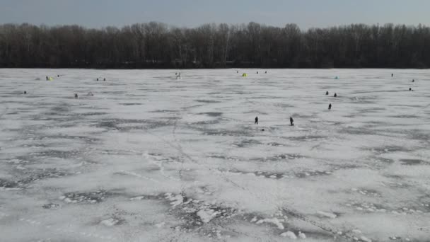 冬に凍った川を飛ぶドローン 漁師は川の美しい青い氷 冬の湖 トップビューで魚を捕まえる — ストック動画