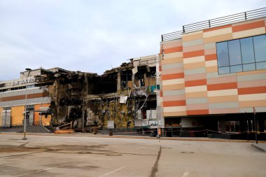 War in Ukraine, missile strike by Russians on shopping center, store, civilian building in Ukraine. Russians burned and destroyed building. War, destruction of houses. Dnipro Ukraine 2023-12-29