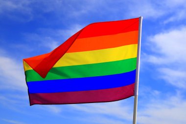 Mavi gökyüzüne el sallayan LGBT örgütünün gerçekçi gökkuşağı bayrağı. LGBT gurur bayrakları arasında lezbiyenler, geyler, biseksüeller ve transseksüeller yer alıyor.
