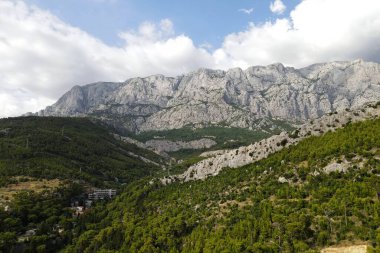 Hırvatistan 'daki dağlar, Biokovo Parkı, Dinaric Alpleri. Hırvatistan 'ın Makarska Riviera kenti yakınlarındaki güzel Hırvat dağ manzarası, kayalar ve çam ormanı