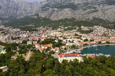 Hırvatistan 'daki dağlar, Biokovo Parkı, Dinaric Alpleri. Hırvatistan 'ın Makarska Riviera kenti yakınlarındaki güzel Hırvat dağ manzarası, kayalar ve çam ormanı