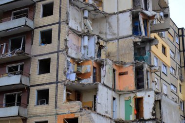 Russian missile strike on apartment building in Dnipro, Ukraine. Rocket destroyed house. Russia war invasion in Ukraine, Dnepr