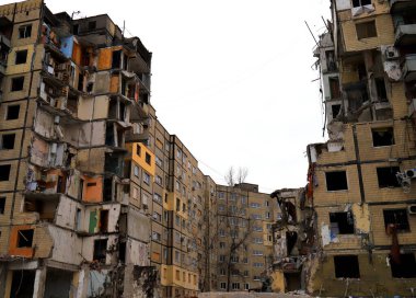 Russian missile strike on apartment building in Dnipro, Ukraine. Rocket destroyed house. Russia war invasion in Ukraine, Dnepr