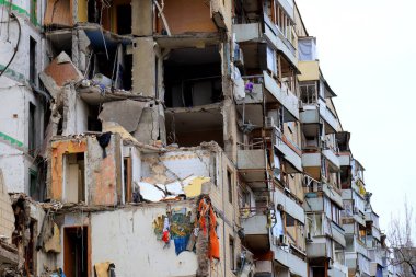 Russian missile strike on apartment building in Dnipro, Ukraine. Rocket destroyed house. Russia war invasion in Ukraine, Dnepr