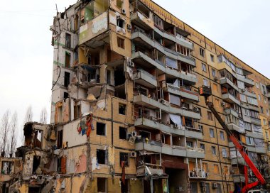 Russian missile strike on apartment building in Dnipro, Ukraine. Rocket destroyed house. Russia war invasion in Ukraine, Dnepr