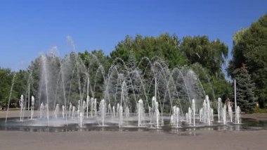 Yaz parkında güzel bir dans çeşmesi. İnsanlar yaz sokak doğasında yürürler ve dinlenirler. Dnipro şehri, Ukrayna