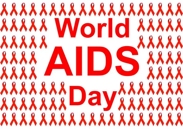 Dünya AIDS Günü illüstrasyonunda, şefkati, dayanışmayı ve HIV veya AIDS farkındalığını sembolize eden koyu kırmızı metin ve kırmızı kurdele sınırı yer alıyor. Eğitim, önleme ve desteği desteklemek için mükemmel.