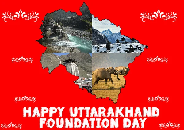 Uttarakhand Vakfı Günü 'nde, devletin bir haritasını ve simgesel simgelerini içeren selamlar. Uttarakhand, Hindistan 'ın Uttarakhand eyaletinin kuruluşu münasebetiyle her yıl 9 Kasım' da kutlanır..