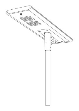 Üst güneş paneli, doğrusal LED ışıklar ve modern ve minimalist bir tasarım sunan tek bir dikey direğin yer aldığı parlak bir güneş sokak ışığının çizimi.