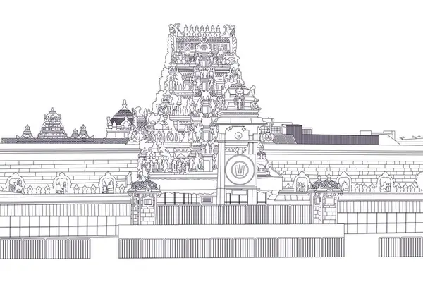 Tirumala 'daki Venkateswara Tapınağı' nın detaylı bir çizimi. Karmaşık heykeller ve mimari detaylarla süslenmiş büyük gopuramını vurguluyor. Bu kutsal Hindu tapınağının özünü yakalıyor..