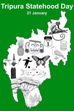 The illustration of Tripura Statehood Day (January 21st) with a map showcasing iconic symbols. Ideal for greeting cards, social media, and educational use, it highlights Tripuras heritage and beauty. clipart