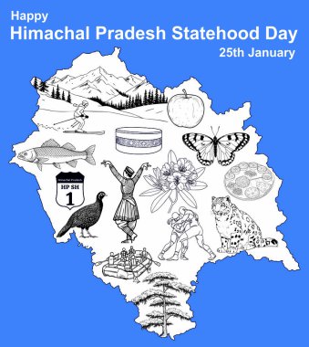 This illustration celebrates Himachal Pradesh Statehood Day (January 25th) with a map featuring iconic symbols. Perfect for greeting cards, social media, and education, it highlights the states heritage and beauty. clipart