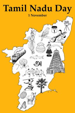 İllüstrasyonda Tamil Nadu Dhinam veya Tamil Nadu Günü (1 Kasım) simgesel semboller haritası ve ortada bir Tamil harfi 