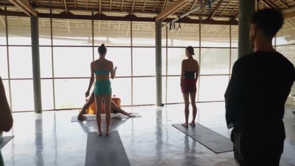 Grupo Personas Pie Viendo Demostración Del Instructor Yoga Diferentes Poses — Vídeos de Stock