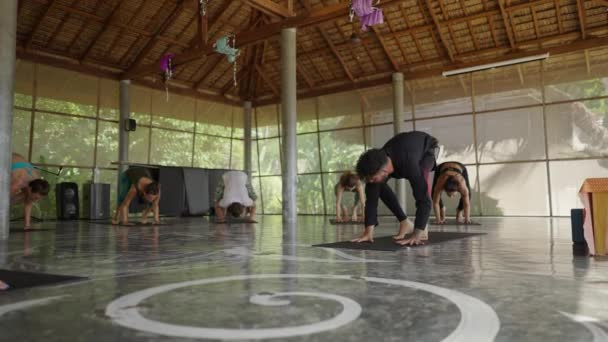 Grupo Personas Clase Yoga Hacen Pie Manos Hacia Arriba Hacia — Vídeo de stock