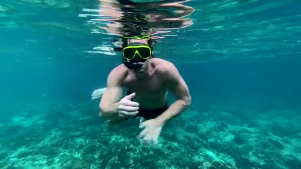 一名男子在珊瑚礁中潜水 走近摄像机前拿着它 用Iphone射击 — 图库视频影像