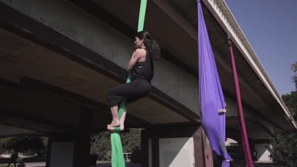 Młoda Kobieta Pokazuje Swoje Umiejętności Antenowej Jogi Tkaninie Parku Lifestyle — Wideo stockowe