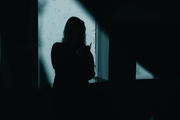 Συμπυκνωμένο Backlight Κορίτσι Που Χειρίζεται Smartphone Της Δίπλα Στο Παράθυρο — Φωτογραφία Αρχείου