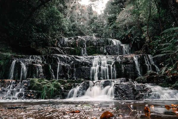 stock image set of waterfalls in the form of stairs with little water near the calm lake among the vegetation and trees of the forest in a lonely place, purakaunui falls, new zealand - Travel concept