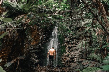 Beyaz, çıplak sırtlı ve siyah pantolonlu genç adam, Waawheta tramvayı, Yeni Zelanda 'daki orman bitkileri arasındaki şelalenin güzelliğini incelemek için bir kayaya tırmanıyor.