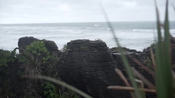 Mar Rompiendo Olas Rocas Rocas Panqueque Nueva Zelanda Cámara Lenta — Vídeos de Stock