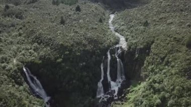 Yeşil ağaçlı dağların havadan görünüşü ve doğal şelale waipunga şelalesi, Yeni Zelanda - seyahat videosu