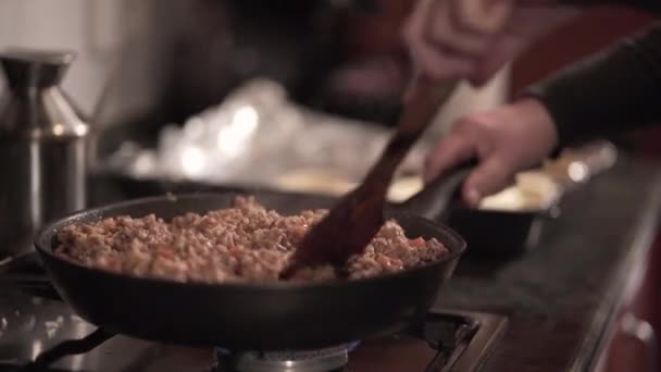 Mani Adulte Donna Cucinare Fajitas Mix Cucina Spagnola Concetto Orizzontale — Video Stock