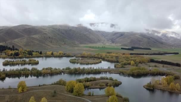 海と山の島と秋の木々の空中ビューは 間に道路で調理します ニュージーランド 自然旅行 — ストック動画
