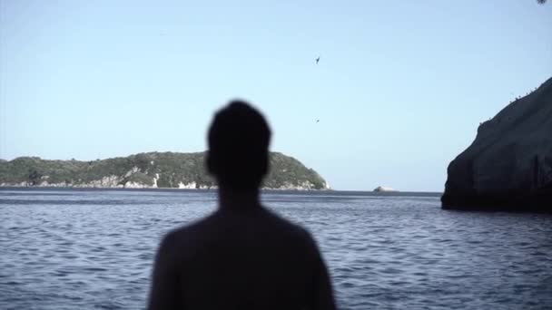 Αγνώριστο Άνθρωπος Στην Πλάτη Του Κοιτάζοντας Την Παραλία Και Βράχια — Αρχείο Βίντεο