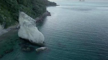 Kayanın havadan görünüşü ve Katedral Koyu 'nda uçan kuşlar, Yeni Zelanda - yatay video