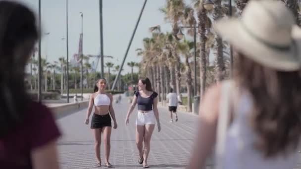 Four Friends Meet Promenade Beach Spain Lifestyle Concept — Stock Video