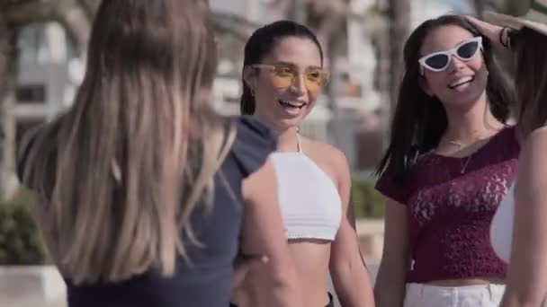 Eine Gruppe Junger Mädchen Mit Sonnenbrille Erzählt Einander Etwas Lustiges — Stockvideo