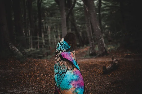 Adult Man Wrapped Blanket Forest Hiding Her Face Travel Concept — Stock Photo, Image