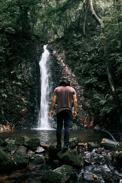 长发的高加索男孩站在岩石上 凝视着森林中央湖畔瀑布的美丽 观赏植物 旅行的概念 — 图库照片