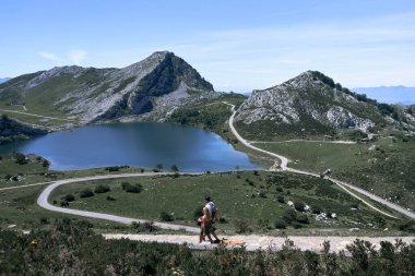 Latin bir oğlan ve beyaz bir kız köpeğiyle birlikte dağların yanındaki göle giden yaya yolunda yürüyorlar, covadonga asturias, İspanya - ulusal park